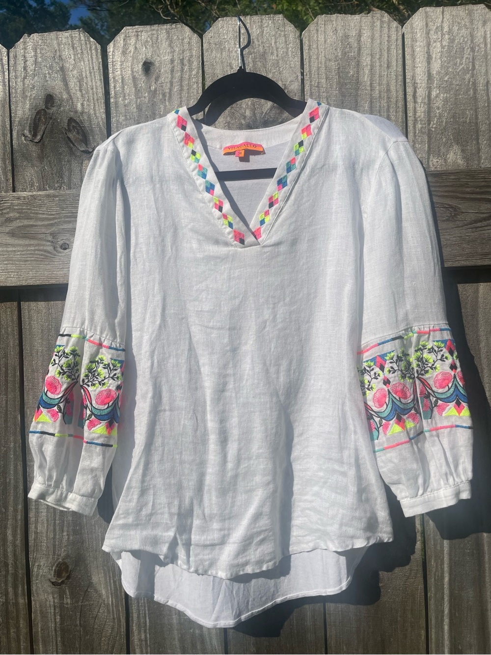 Vilagallo White Linen Tunic with Neon Floral Embroidery